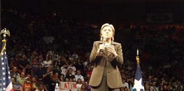 Hillary Clinton addressing 12,000 supporters at a rally in the Don Haskins Center